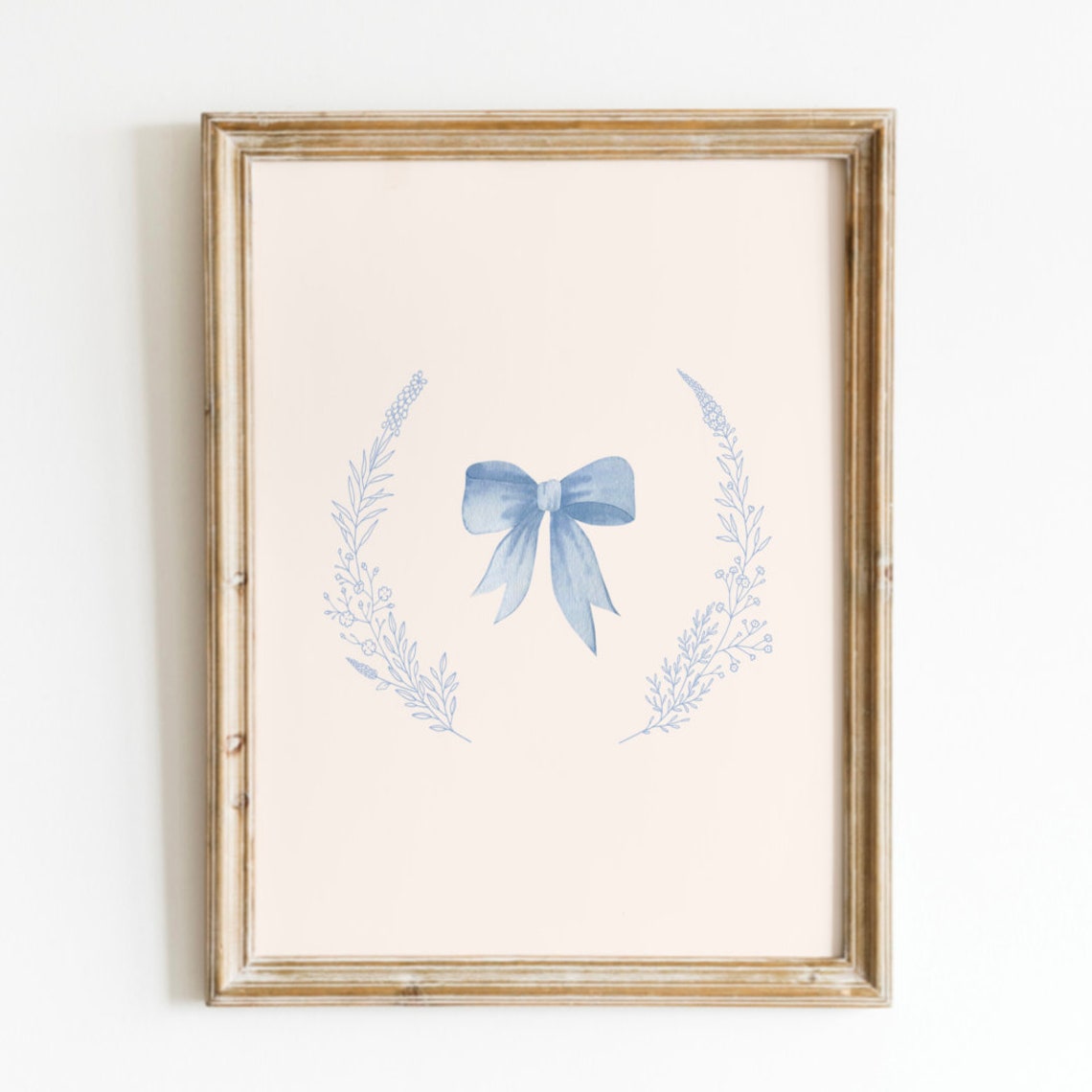 Dusty Blue Bow with Delicate Botanical Wreath Minimalist Wall Art