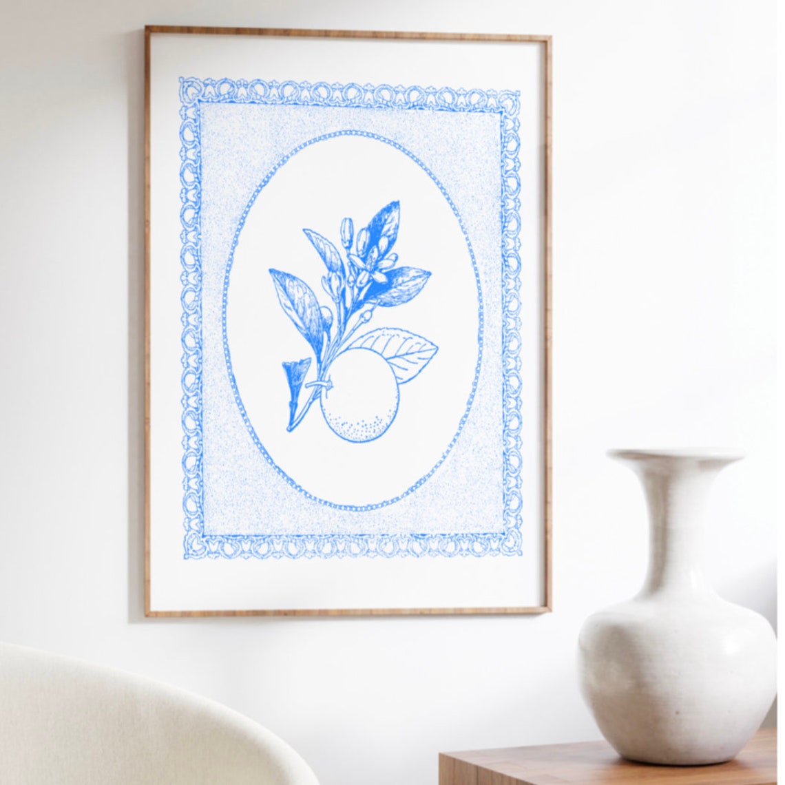 Blue Line Art Citrus Branch Ornate Oval Frame Botanical Poster - Image 3