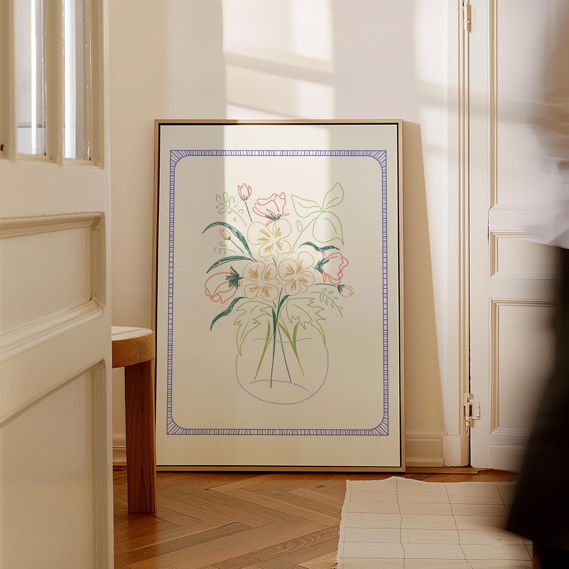 Pastel Blossom Bouquet Line Art Blue Border Cottage Wall Poster - Image 3