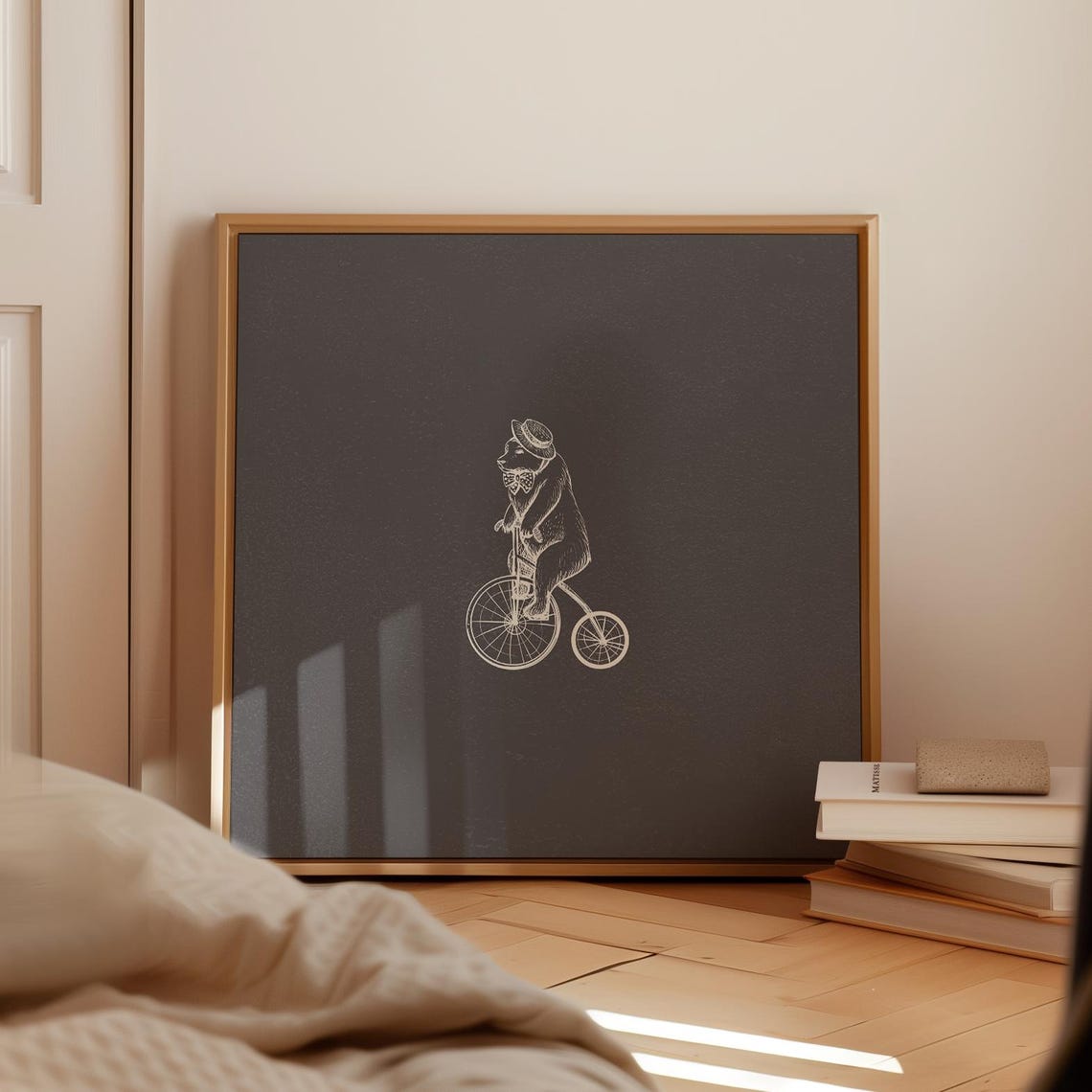 Chalk Bear Riding Bicycle Dark Vintage Square Animal Decor Poster - Image 2