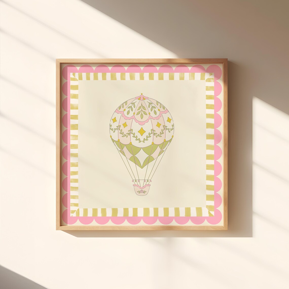Pink Floral Hot Air Balloon Scalloped Border Nursery Art Poster - Image 4