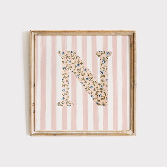 N Square Floral Letter Watercolor Art Print