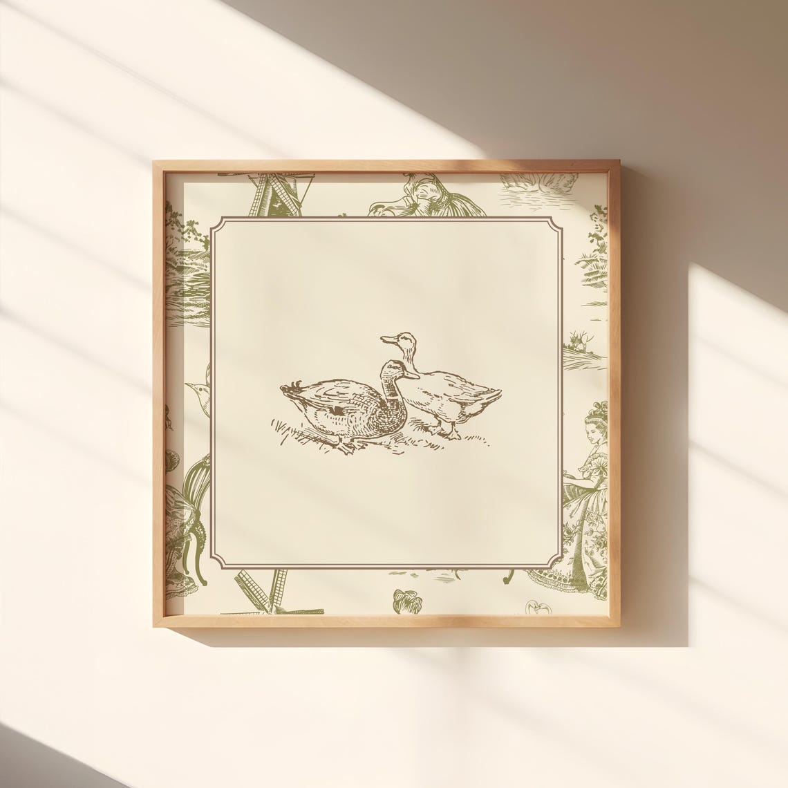 Cute Green Toile Border Two Ducks Engraving Vintage Bird Poster - Image 4