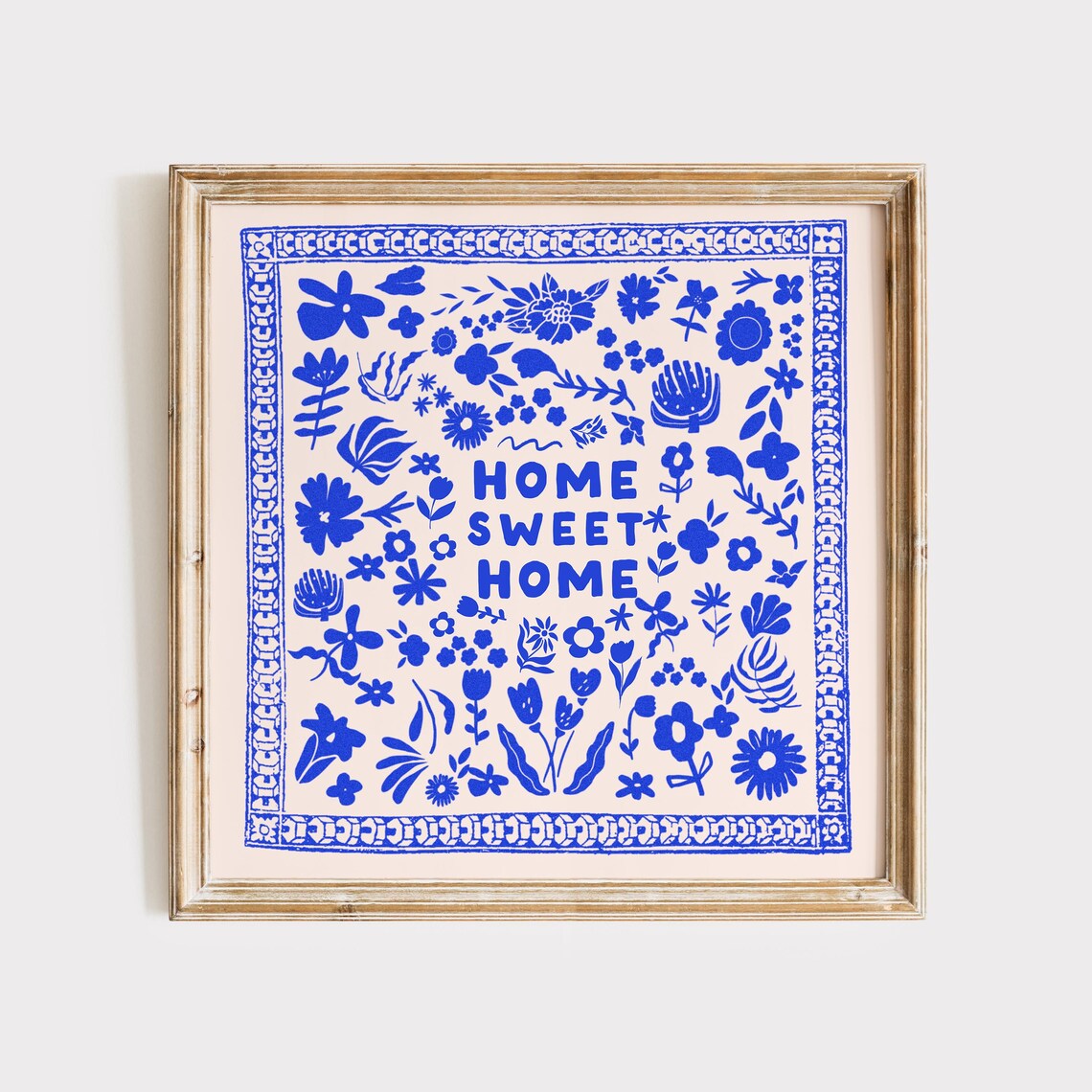 Home Sweet Home Cobalt Blue Folk Art Floral Border Decor Wall Poster