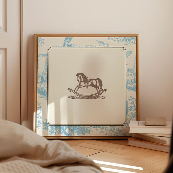 Vintage Blue Toile Rocking Horse Art Print