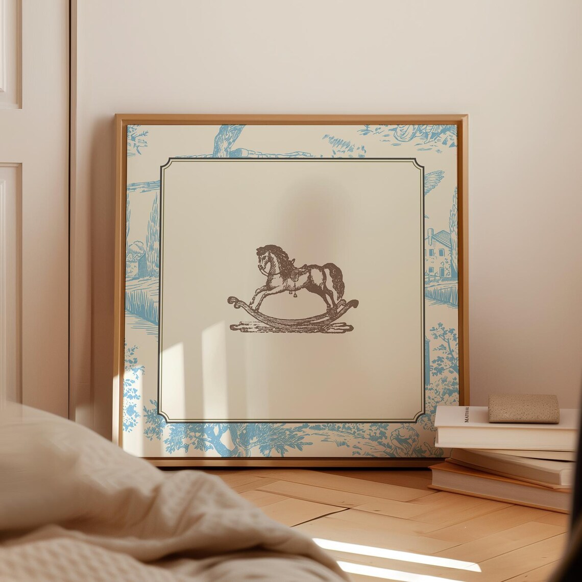 Vintage Blue Toile Rocking Horse Art Print