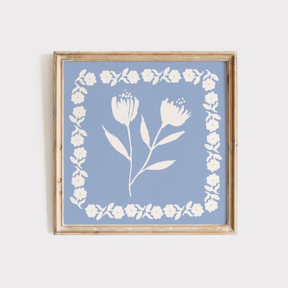 Blue Floral Print Instant Wall Art Trendy Decor Botanical Illustration Living Room Art Cottage Nursery