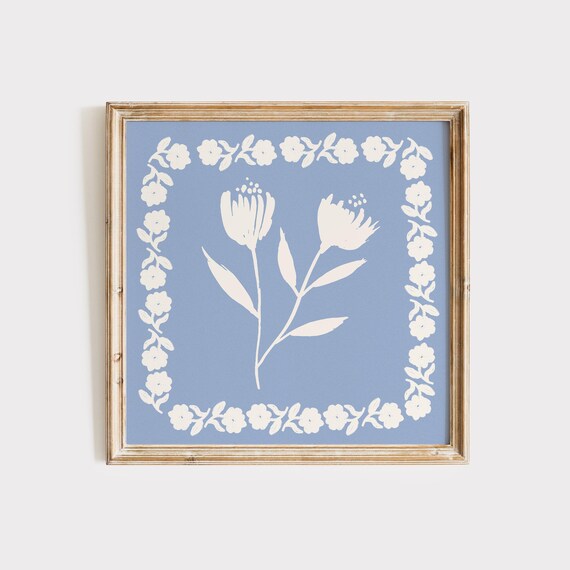 White Wildflower Daisy Chain On Dusty Blue Floral Border Poster