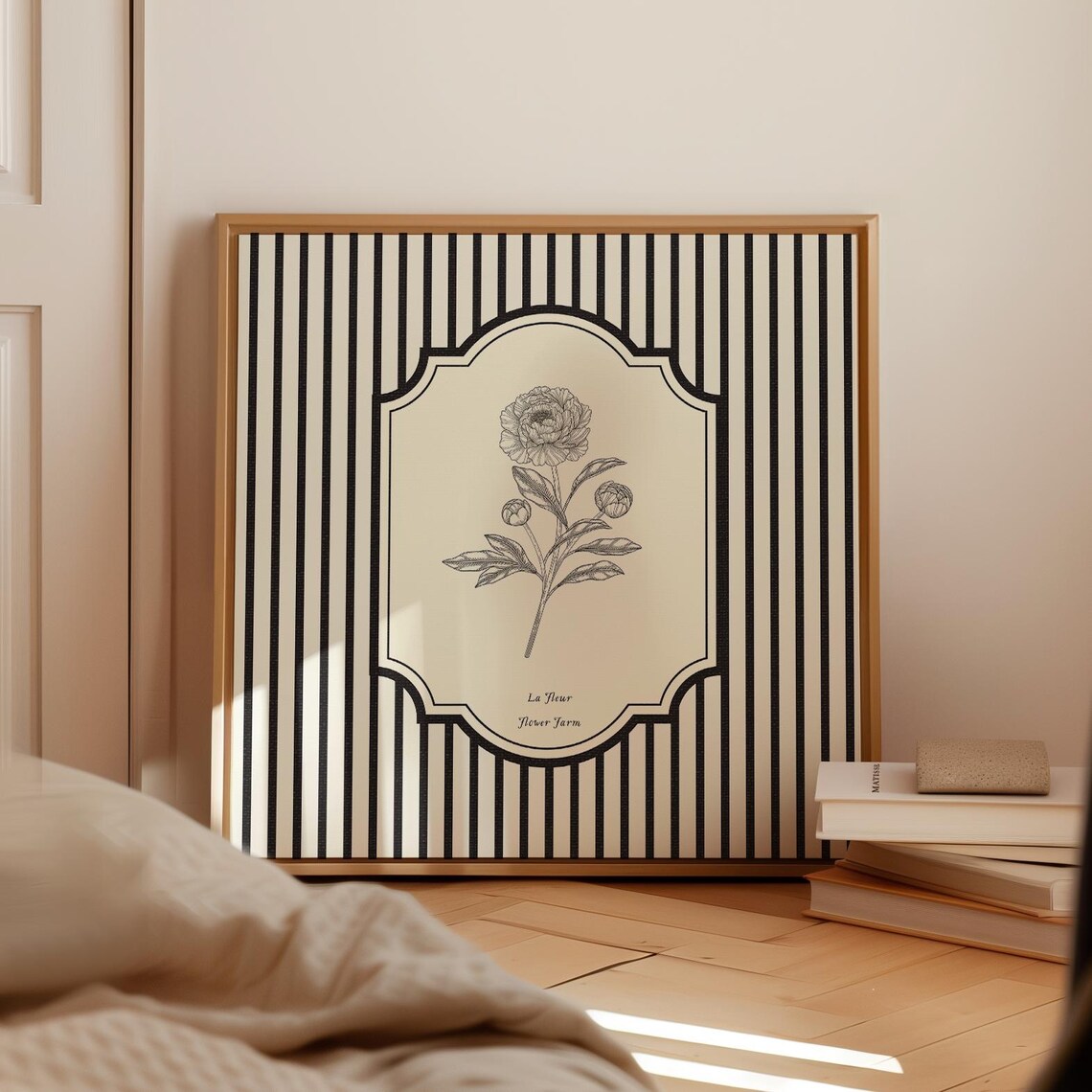 La Fleur Striped Black White Peony Botanical Frame Art Poster - Image 5