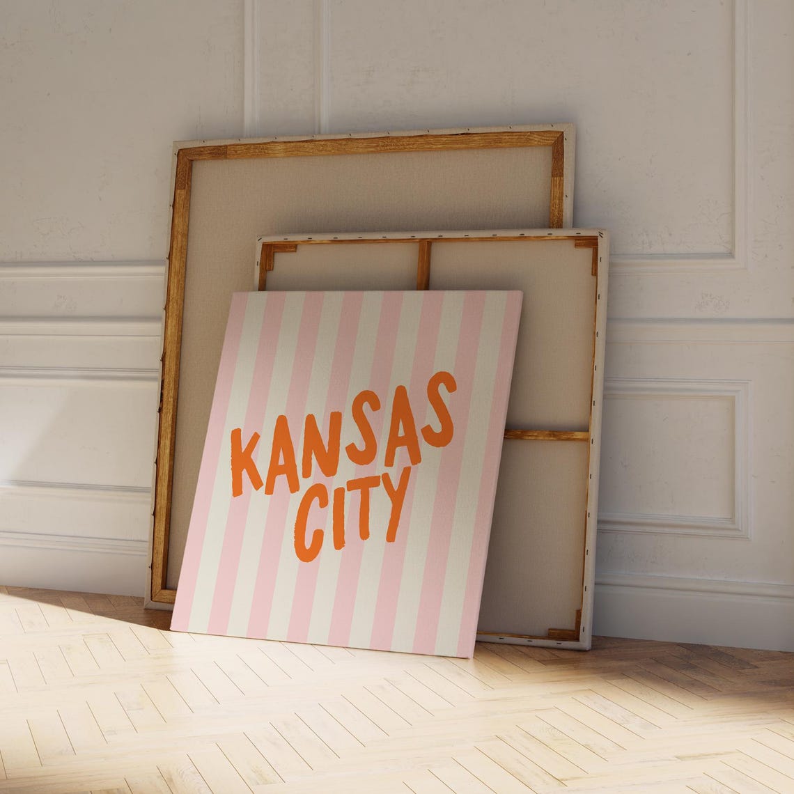 Kansas City Orange Hand Lettered Pink Striped Square City Name Poster - Image 3
