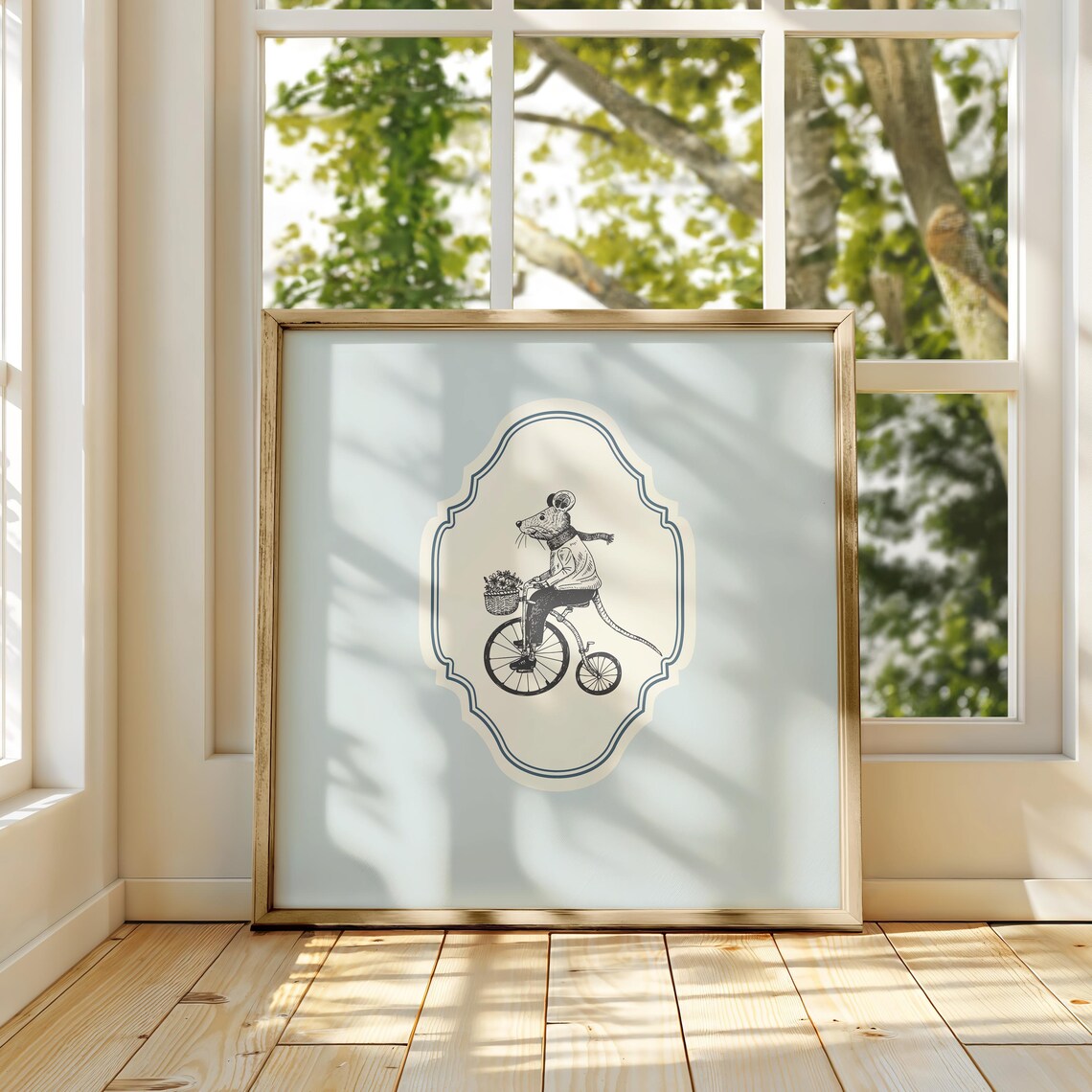 Vintage Mouse On Bicycle Flower Basket Baby Blue Ornate Square Poster - Image 2