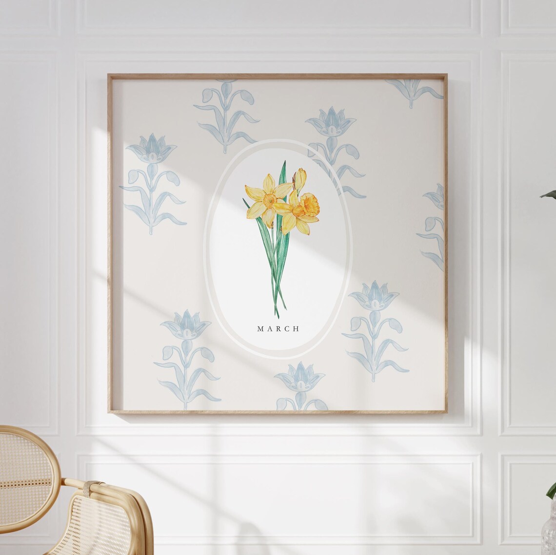 March Daffodil Birth Month Flower Blue Botanical Pattern Watercolor Poster - Image 3
