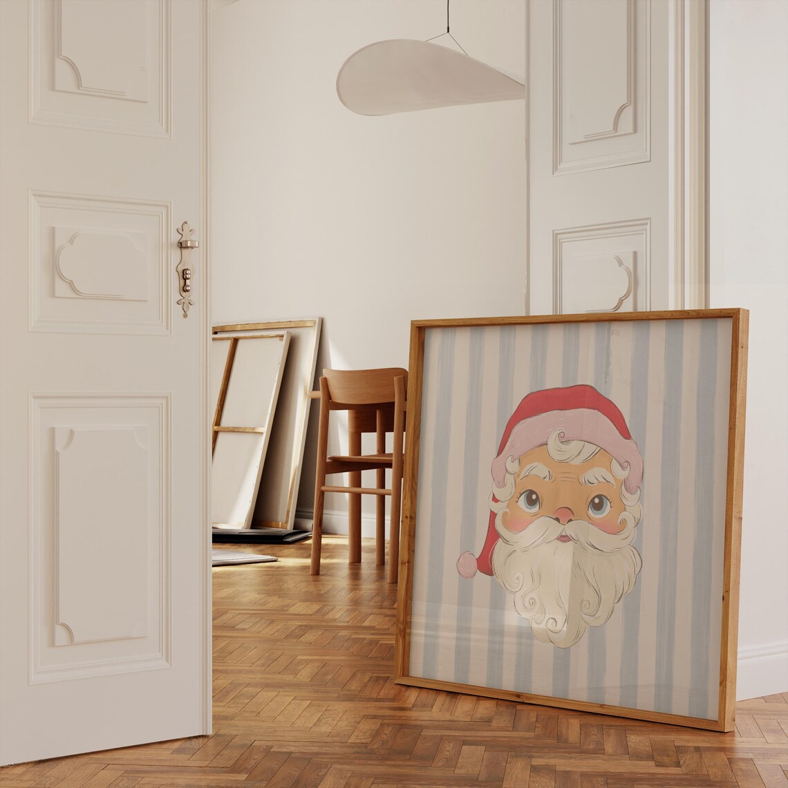 Whimsical Santa Claus Face Blue Striped Square Christmas Poster - Image 4