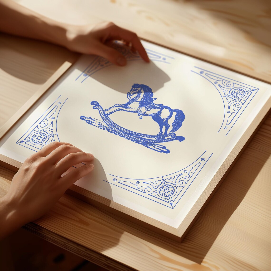 Cobalt Blue Vintage Rocking Horse Nursery Illustration Poster - Image 3