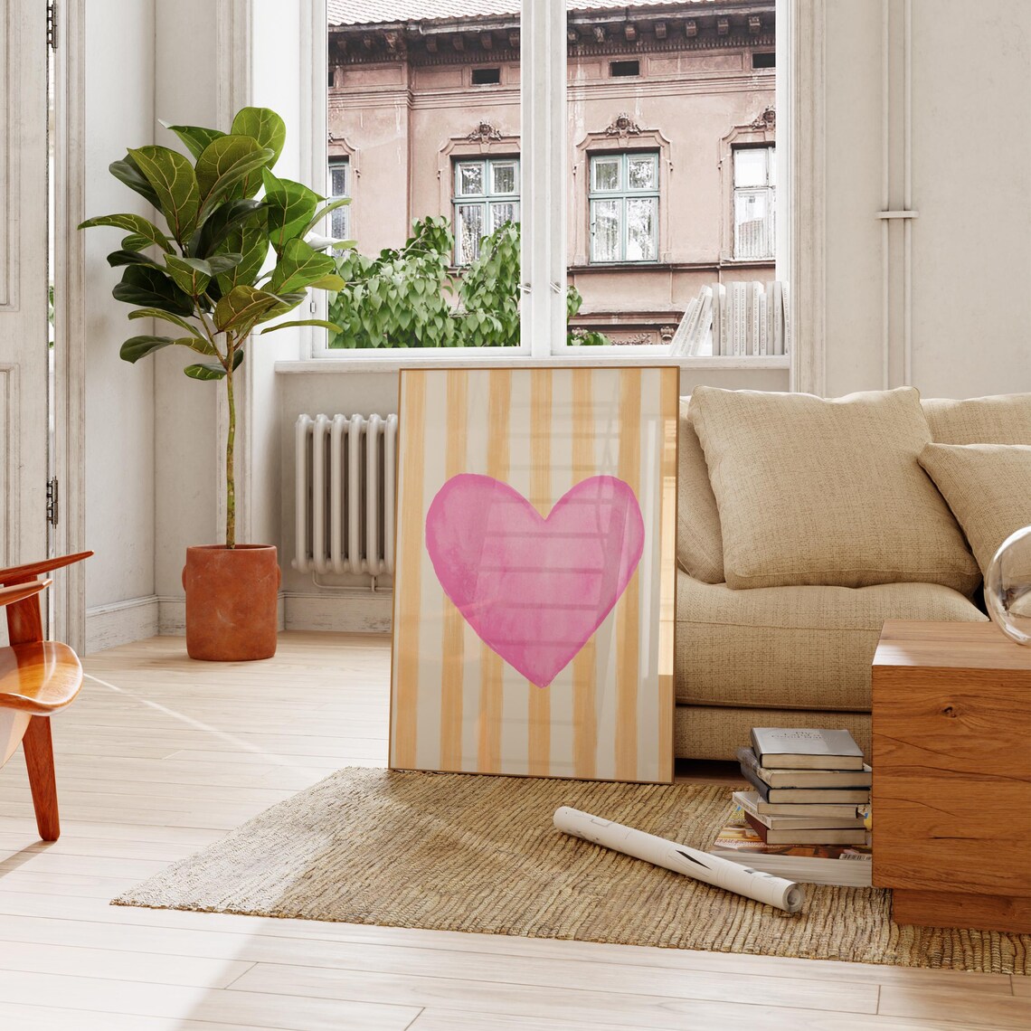 Bright Pink Watercolor Heart Peach Striped Valentine Nursery Poster - Image 2