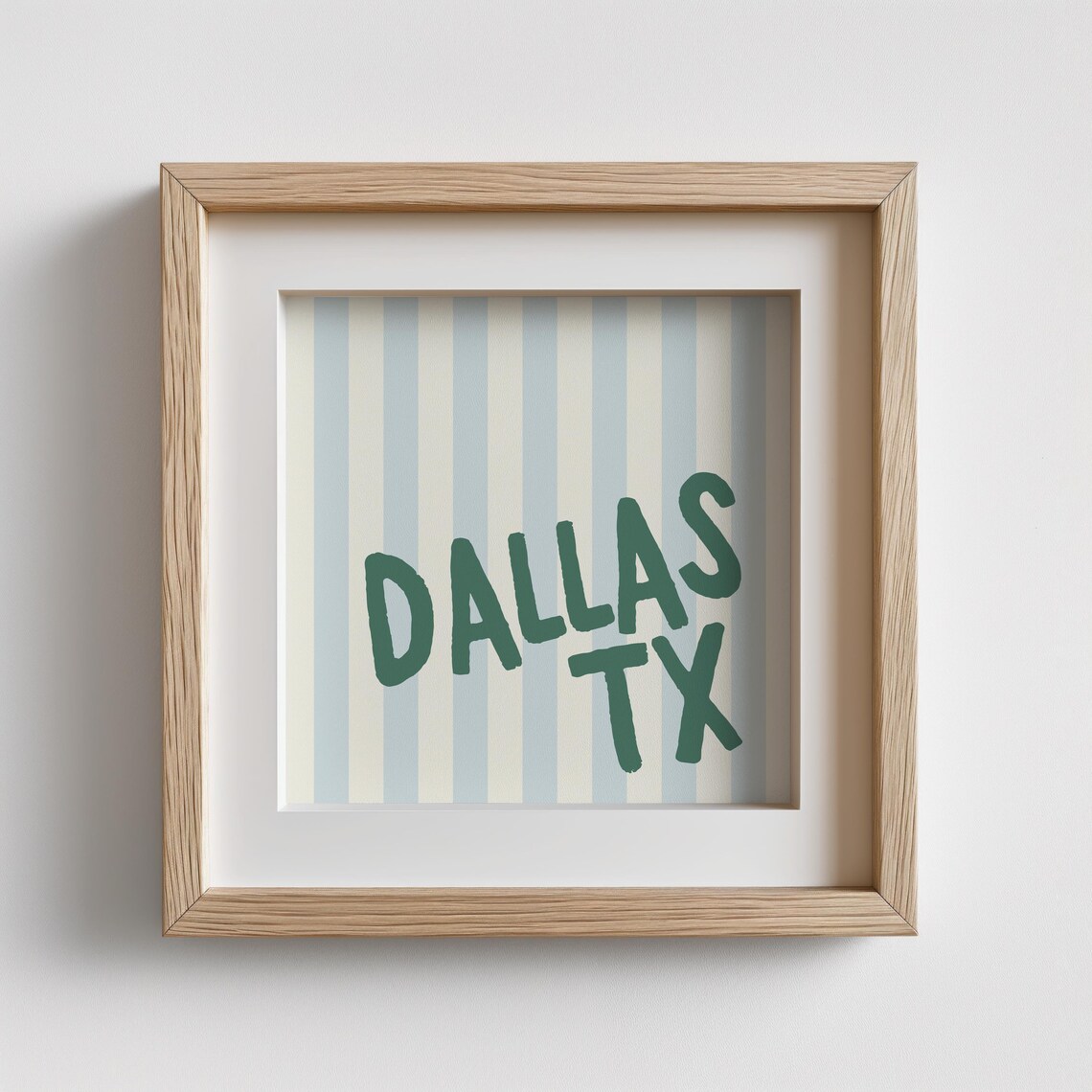 Dallas TX Dark Green Letters Blue Striped City Name Square Wall Art - Image 2