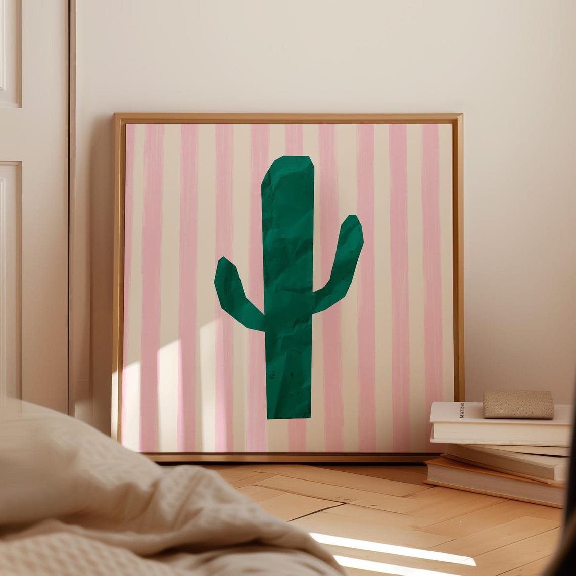 Green Saguaro Cactus Pink Striped Background Modern Desert Wall Poster
