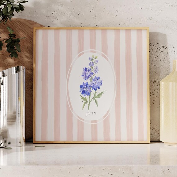 July Larkspur Birth Flower Blush Pink Stripe Botanical Poster