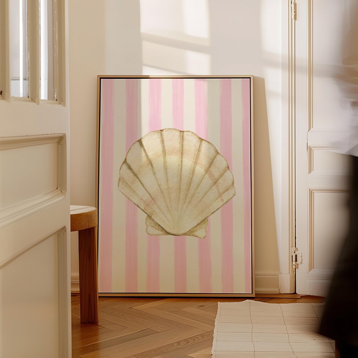 Soft Pink Striped Seashell Art Print, Coastal Cottage - Image 5