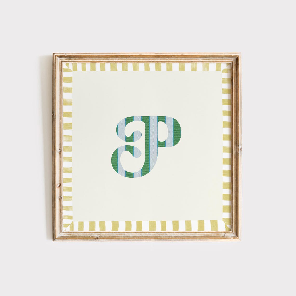 Swash Letter P Green Blue Striped Monogram Cream Framed Art Print