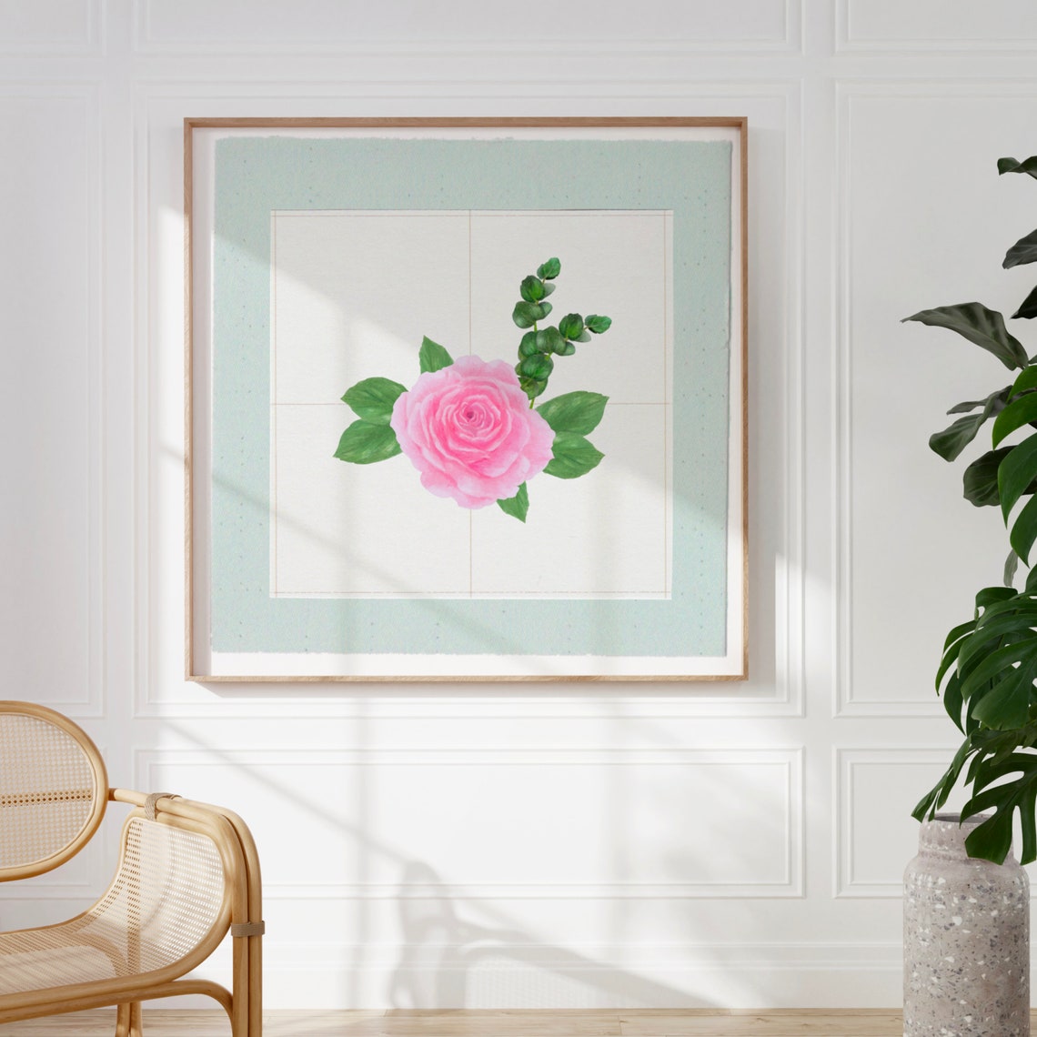 Delicate Pink Rose Bud With Green Leaves Square Cottagecore Art Print - Image 2