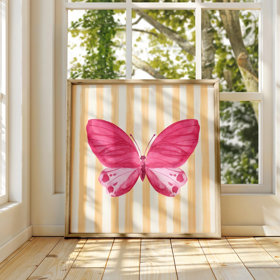 Pink Watercolor Butterfly Peach Striped Background Botanical Poster - Image 2