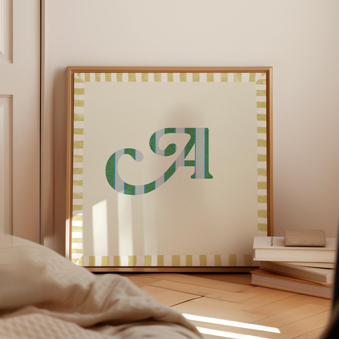 Swash Letter A Green Blue Striped Monogram Cream Framed Art Print - Image 4