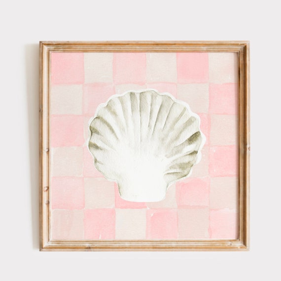 Pink Checkered Shell Painting Wall Art Trendy Decor Kids Room Nursery Decor Watercolor Coastal