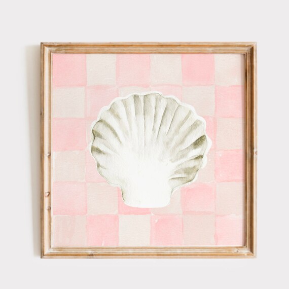 Watercolor Scallop Shell on Pink Checkered Square Nursery Art Print
