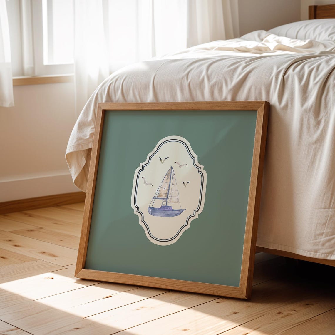 Sage Green Watercolor Sailboat Poster Coastal Nursery Decor Art - Image 2