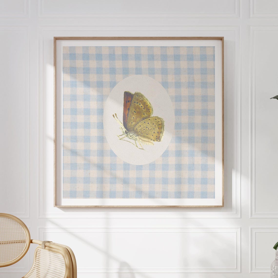 Vintage Gingham Butterfly Print Wall Art Kitchen Living Room Art Blue Thin Line Print Nursery Square Art - Image 2