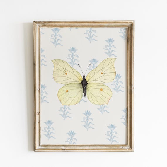Blue Watercolor Butterfly Vertical Art Print Print Wall Art Trendy Decor Vintage Painting English Garden Floral Cottage