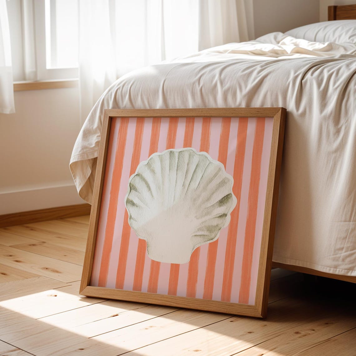 White Scallop Shell Coral Striped Background Coastal Watercolor Poster - Image 3