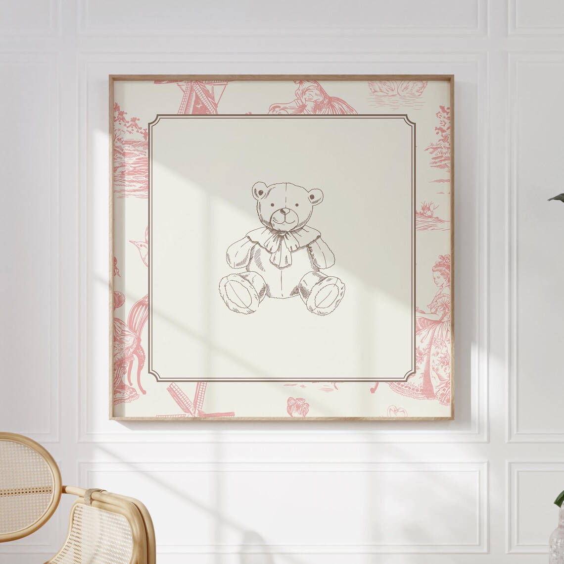 Vintage Pink Toile Teddy Bear Sketch Cottage Nursery Wall Art Print - Image 5
