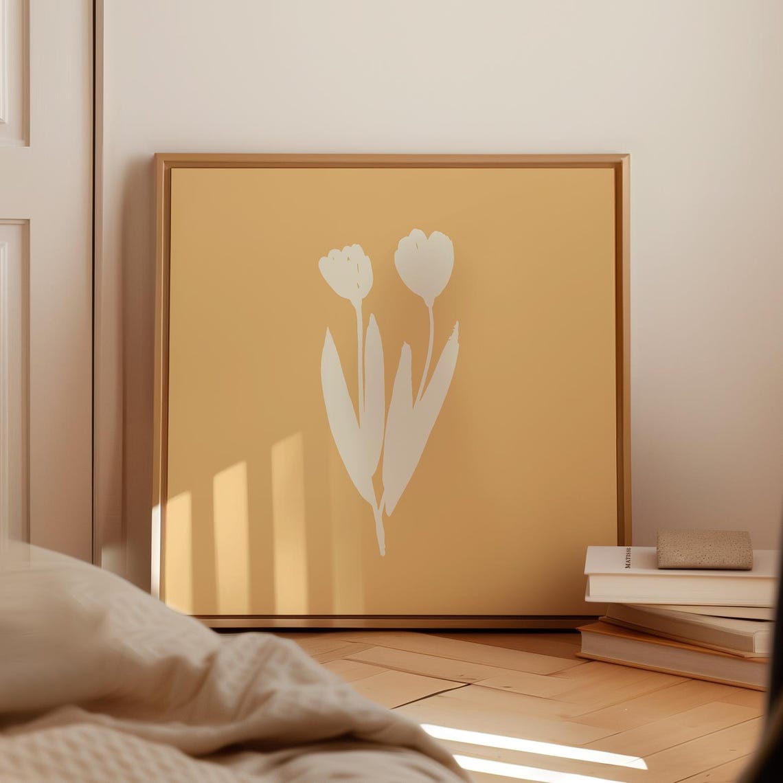 White Tulip Silhouette on Mustard Yellow Minimal Floral Wall Art - Image 4