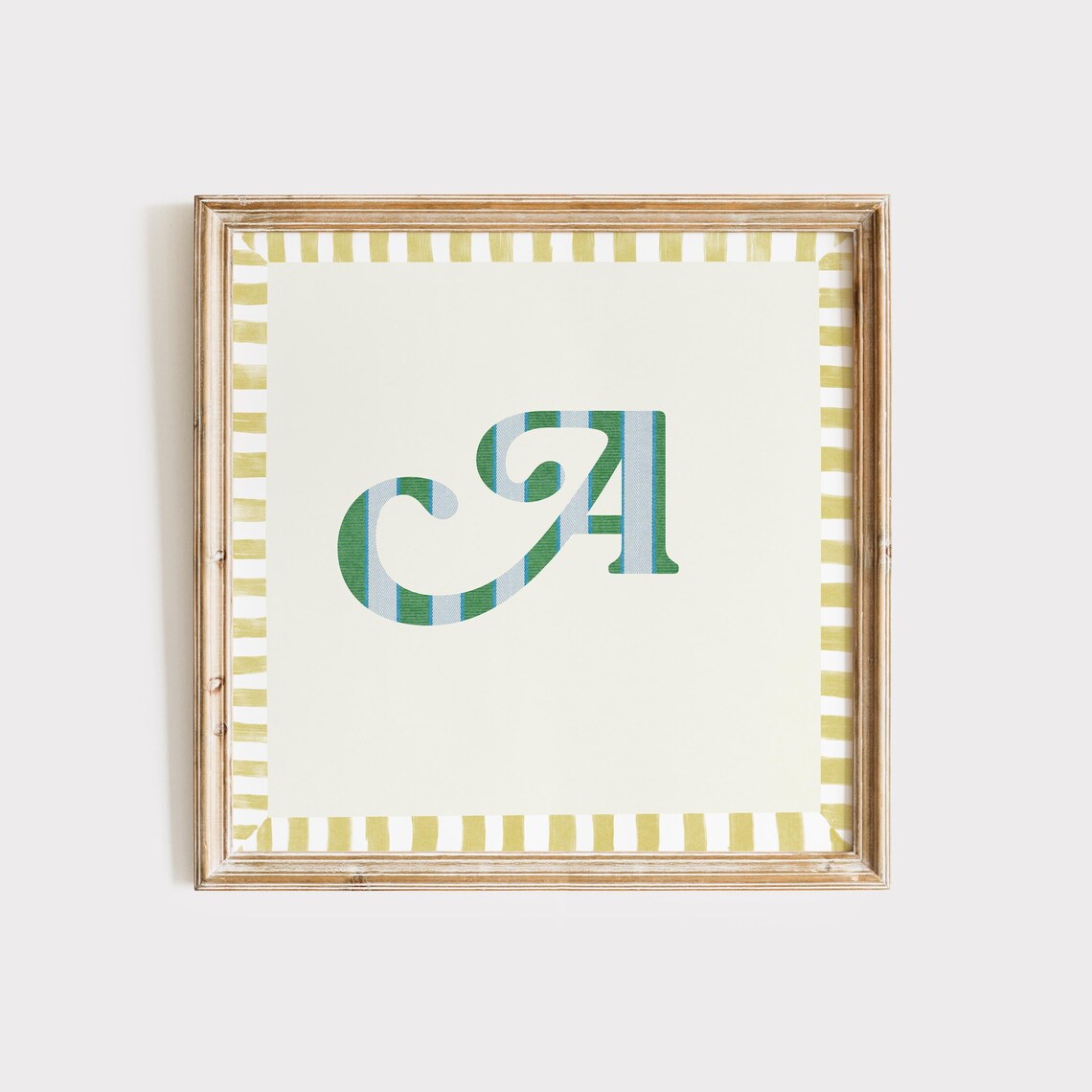 Swash Letter A Green Blue Striped Monogram Cream Framed Art Print