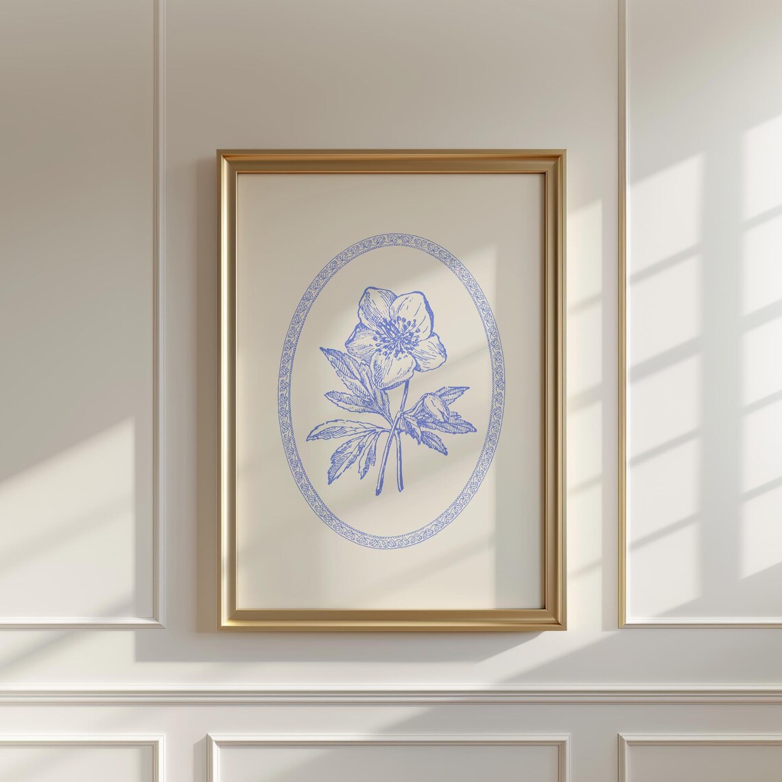 Blue Hellebore Floral Botanical Vintage Line Art Wall Poster