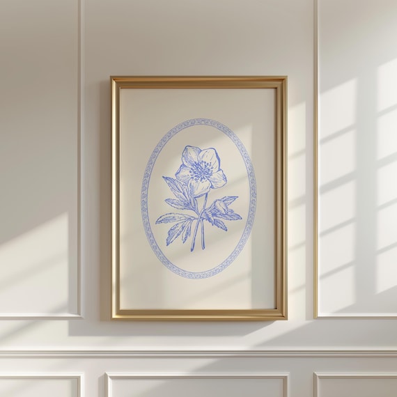 Blue Hellebore Floral Botanical Vintage Line Art Wall Poster