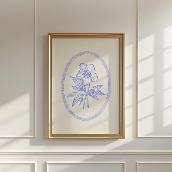 Blue Vintage Hellebore Floral Print Vertical Art Print Print Wall Art Vintage Painting English Garden Cottage Nursery