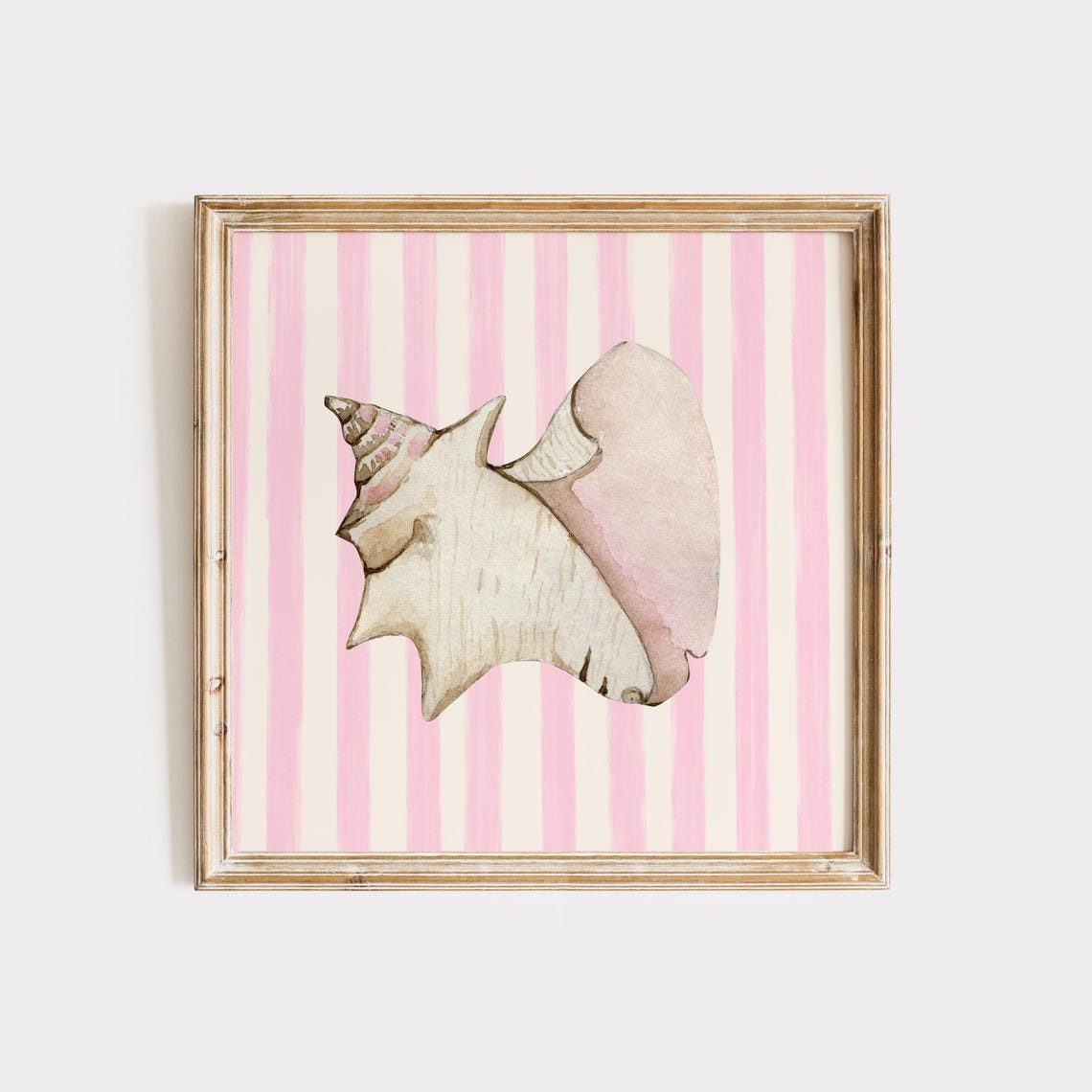 Blush Pink Conch Shell Striped Background Coastal Watercolor Poster