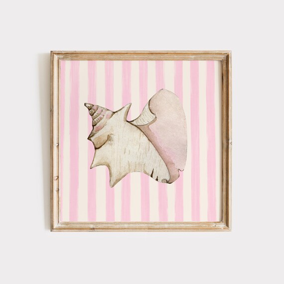 Blush Pink Conch Shell Striped Background Coastal Watercolor Poster