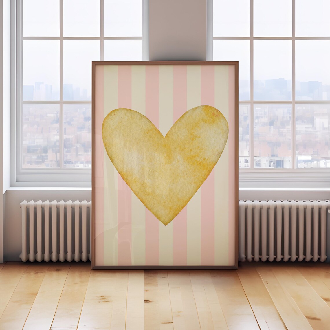 Yellow Watercolor Heart Pink Stripe Background Valentine Art Poster - Image 2