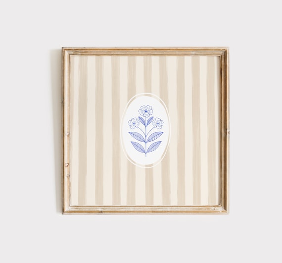 Cream Striped Floral Line Art Blue Botanical Medallion Square Poster