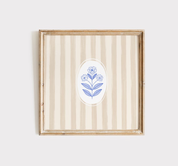 Cream Striped Floral Print Instant Wall Art Trendy Decor Botanical Illustration Living Room Art Cottage Nursery