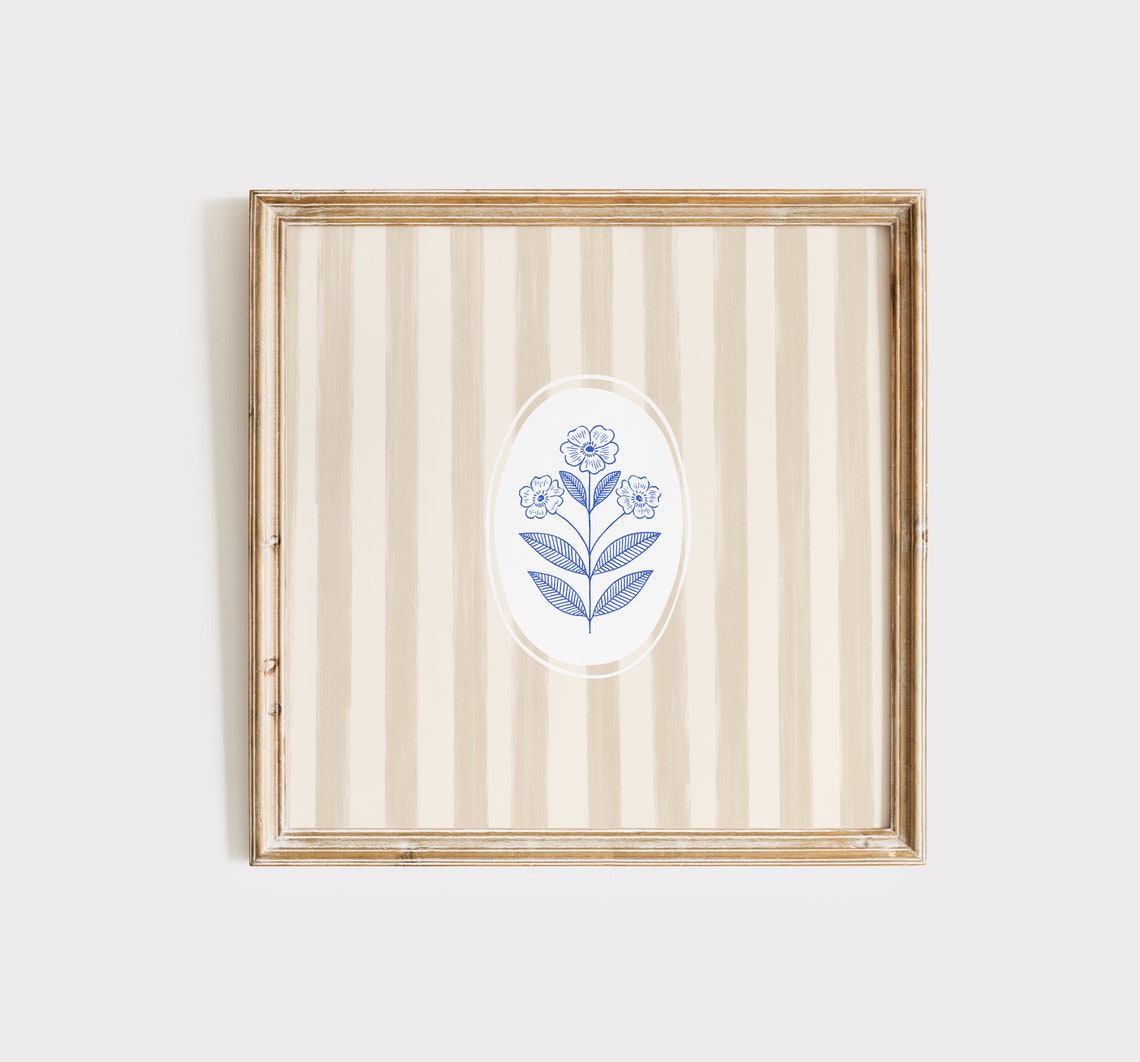 Cream Striped Floral Line Art Blue Botanical Medallion Square Poster