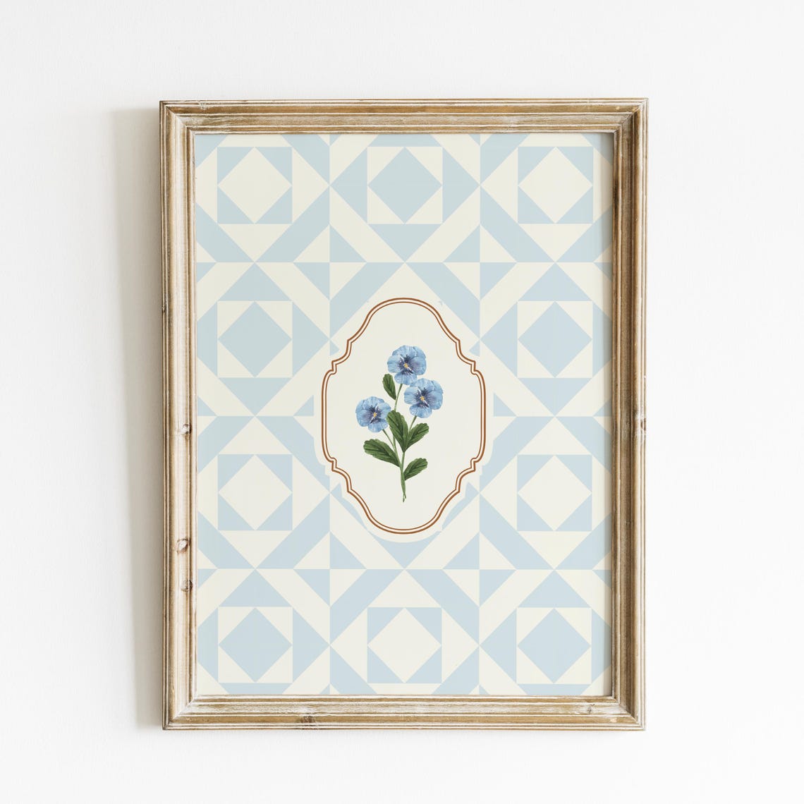 Blue Quilted Diamond Floral Medallion Vintage Botanical Wall Poster