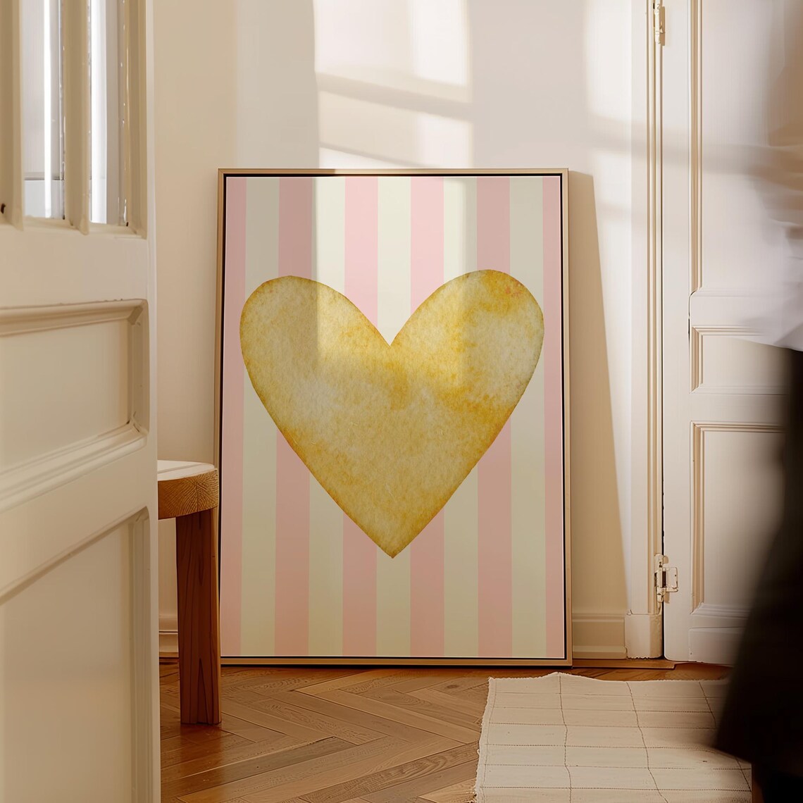 Yellow Watercolor Heart Pink Stripe Background Valentine Art Poster - Image 3