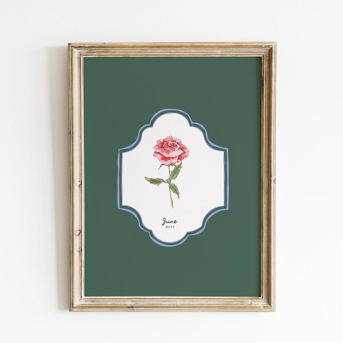 June Rose Birth Flower Deep Green Botanical Vintage Wall Art