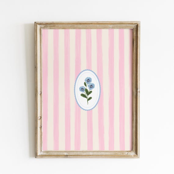 Pink Striped Floral Art Print, Vintage Cottage Decor