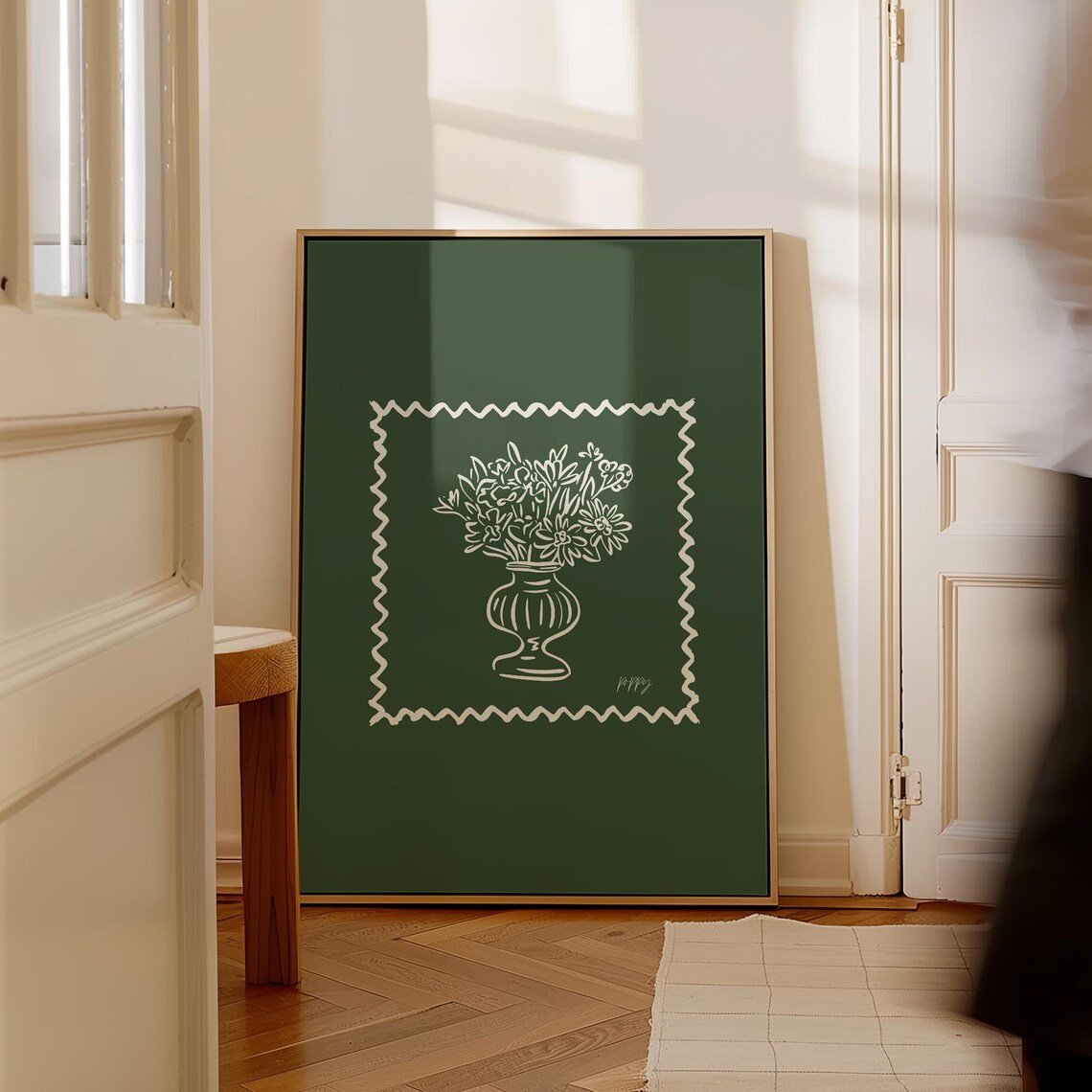 Cream Floral Urn Zigzag Stamp Border Forest Green Botanical Poster - Image 3